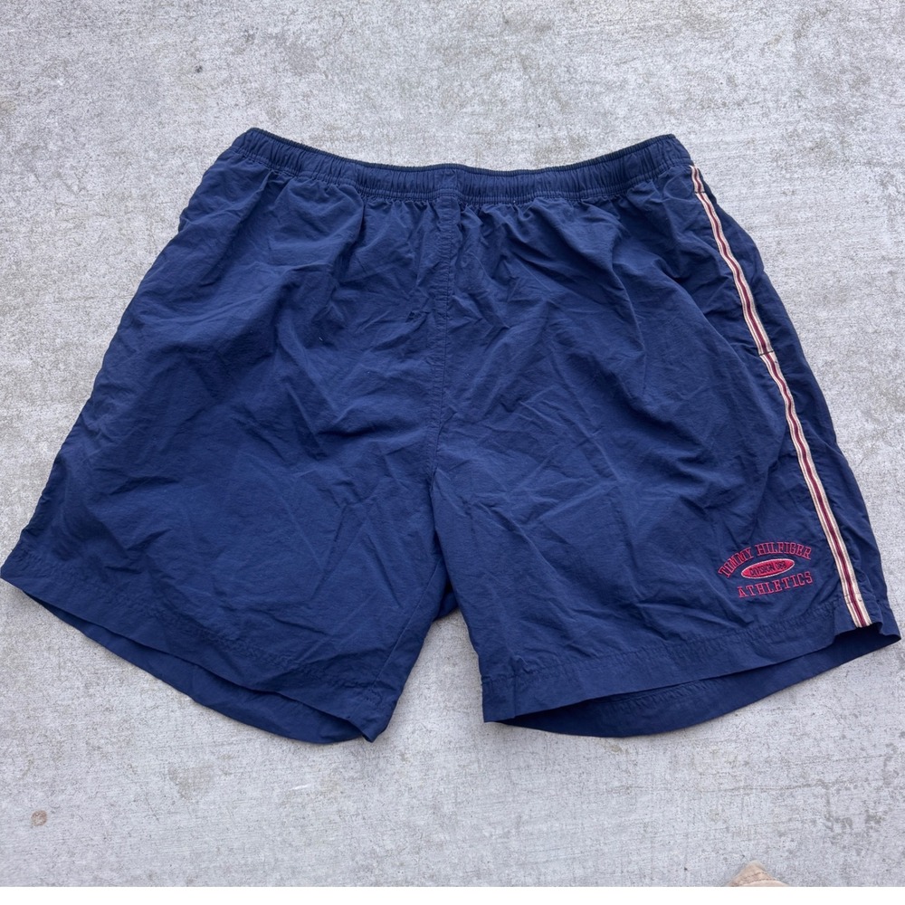 Tommy Hilfiger Athletics Mens XL Navy Blue Nylon Swim Trunks Vintage 90s Shorts